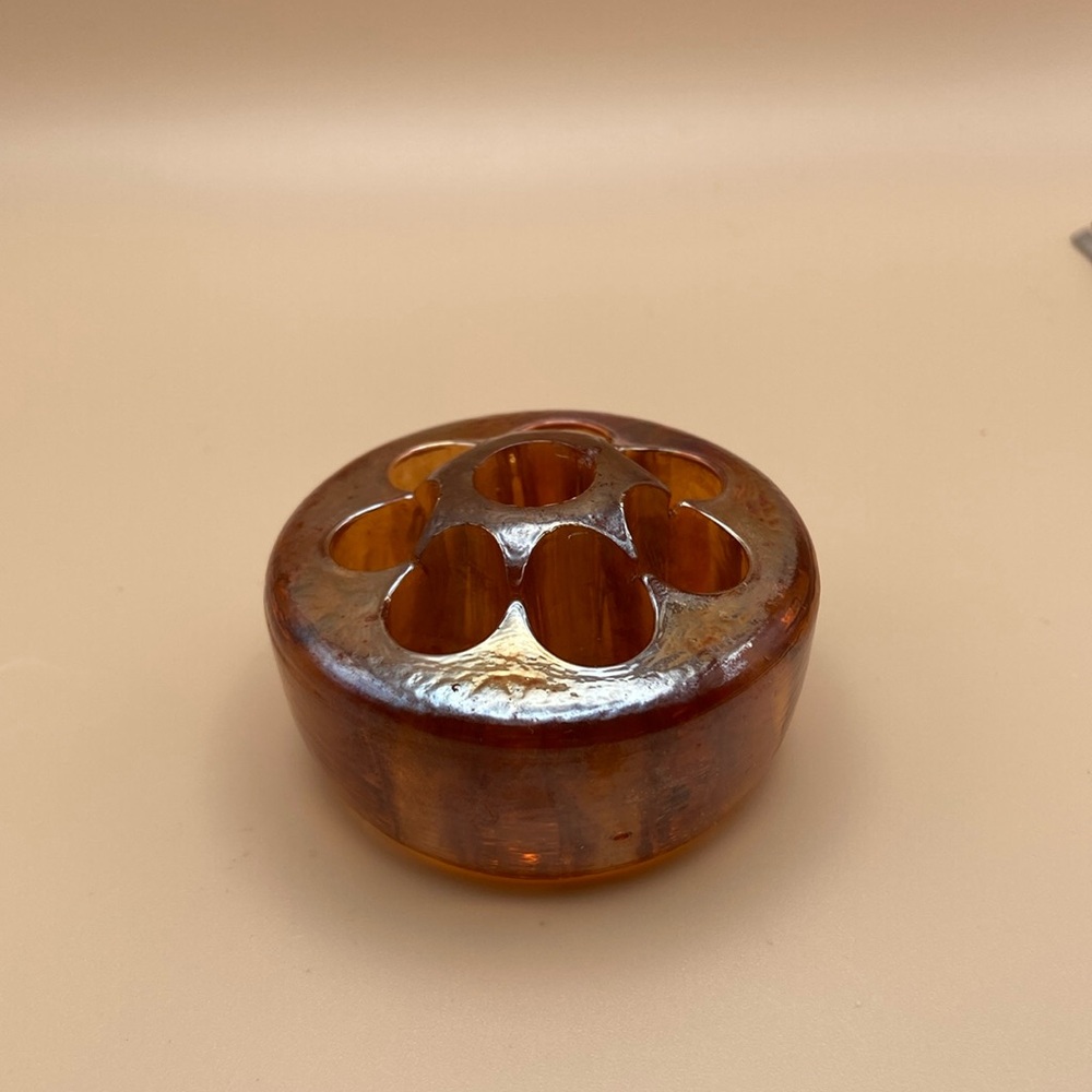 Vintage Marigold Carnival Iridescent Glass Flower Frog - 8 hole